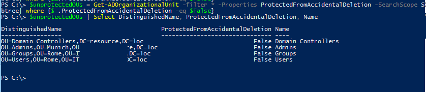 PowerShell script: Finding OUs that isn't protected from accidental deletion in AD