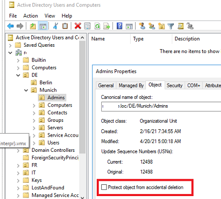 Protect object from accidental deletion option in the Active Directory object properties