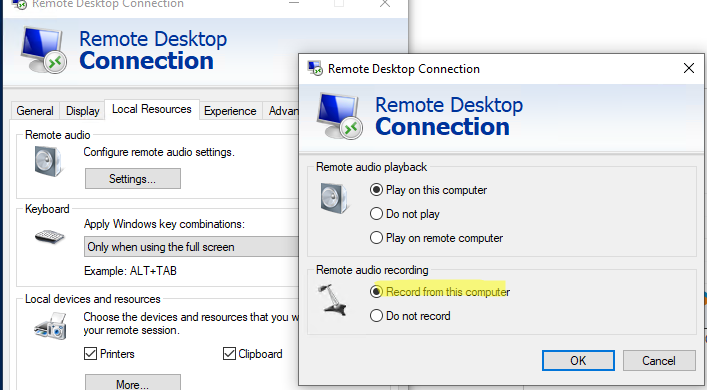 enable remoute audio recording in the mstsc.exe (Remote Desktop Connection) app 