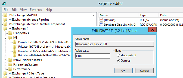 increase Database Size Limit in GB in registry on Exchange Server