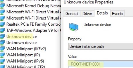 unknown network device root\net\0001