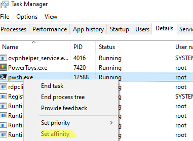 Windows Task Manager - set process CPU affinity