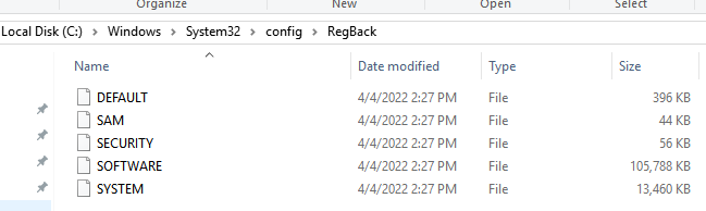 config\RegBack folder in windows