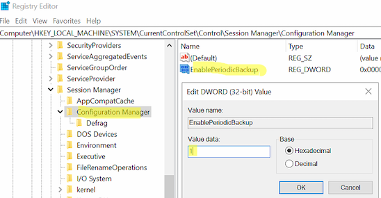 EnablePeriodicBackup - enable auto registry backup in windows 10