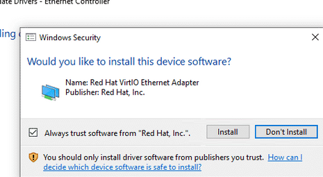 install Red Hat VirtIO Ethernet Adapter in Windows guest