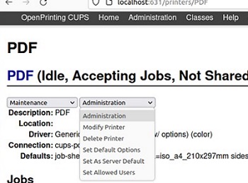 manage virtual pdf printer settings via cups web inerface