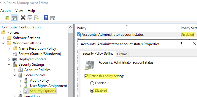 Disable Administrator account in WIndows via Group Policy