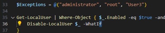 powershell script: disable local users except specific