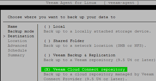 set backup destination on veean agent for linux