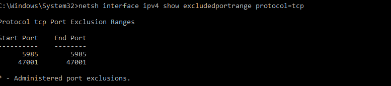 Protocol tcp Port Exclusion Ranges on Windows