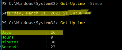 Get-Uptime cmdlet: eturns the time elapsed since the last boot of the operating system