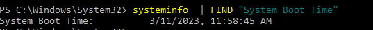 systeminfo | FIND "System Boot Time"