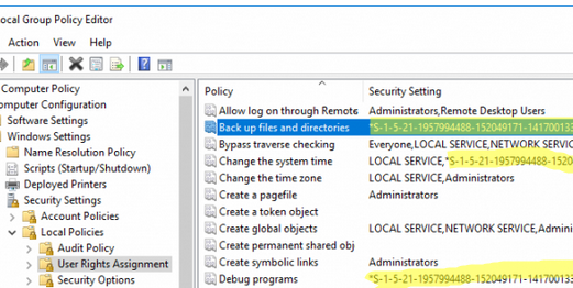User Rights Assignments security settings in GPO