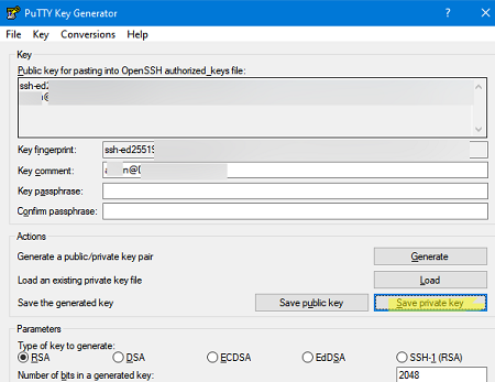 convert private key with puttygen.exe