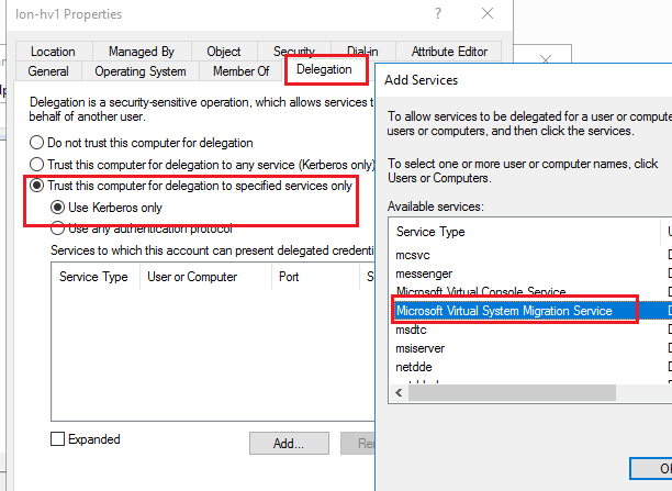 Enable Kerberos Constrained Delegation for Hyper-V in Active Directory
