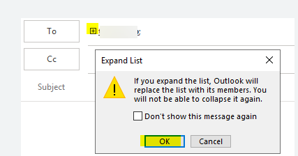 If you expand the list, Outlook will replace the list with its members. You will not be able to collapse it again.