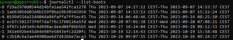 linux: journalctl --list-boots
