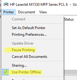 Disable the option "Use printer offline"