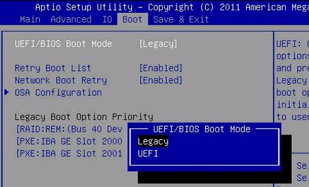 Select native UEFI mode in BIOS settings