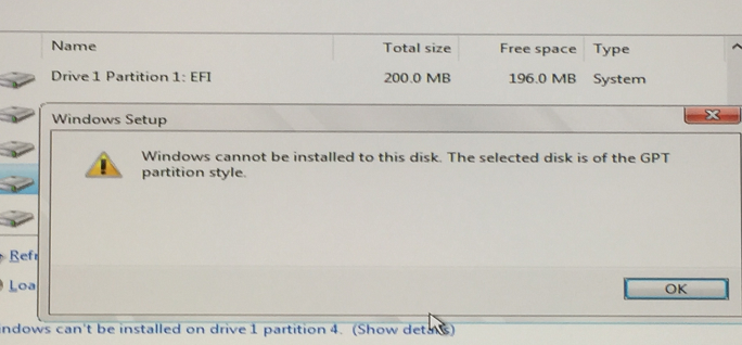 Windows Cannot Be Installed on Disk with GPT Partition Style