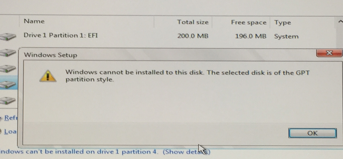 Windows cannot be installed to this disk. The selected disk is of the GPT partition style.