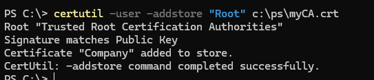 certutil - add certificate to the Root store of the current user