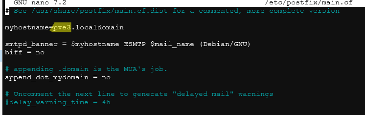 proxmox hostname in /etc/postfix/main.cf