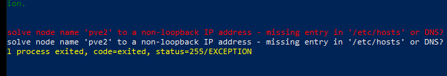 solve node name pve2 to a non-loopback IP address - missing entry in '/etc/hosts' or DNS?