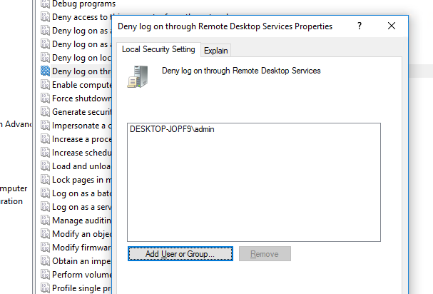 • Deny log on through Remote Desktop Service 