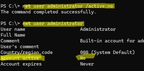 Disable the built-in Administrator account: net user administrator /active:no