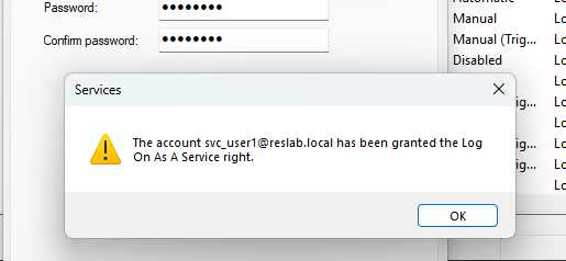 The account svc_user1 has been granted the Log On As A Service right